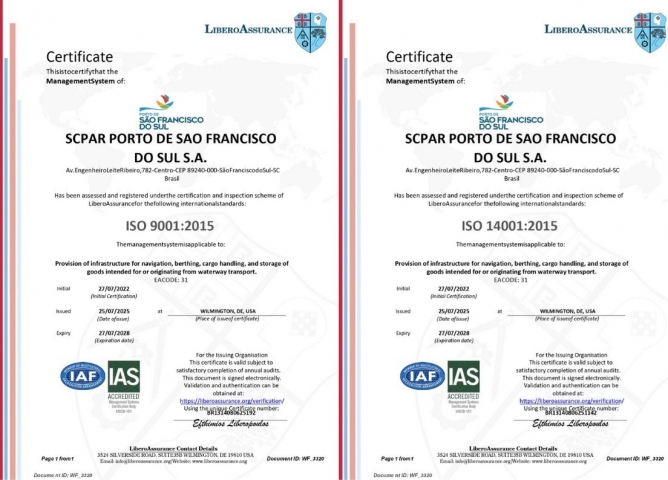 S&atilde;o Francisco do Sul &eacute; um dos tr&ecirc;s portos p&uacute;blicos do pa&iacute;s a obter a Certifica&ccedil;&atilde;o ISO 9001 e 14001
